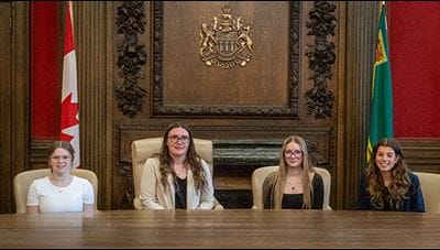 Scholarship winners Madalynn Anderson (left), Marleigh Mann, Katie Moyle and Clare Wever received their certificates at the Saskatchewan Legislature.