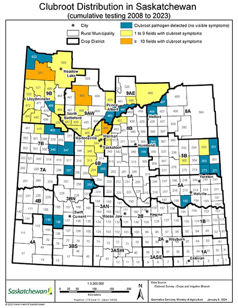 Clubroot survey results map from 2008-2023