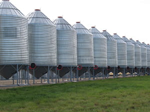 Grain storage bins with aeration fans