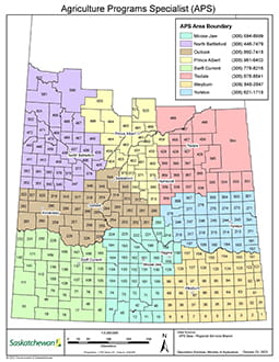 Agriculture Program Specialist Map with phone numbers. Moose Jaw 306-694-6999, North Battleford 306-446-7479, Outlook 306-860-7418, Prince Albert 306-961-6403, Swift Current 306-778-8216, Tisdale 306-878-8841, Weyburn 306-848-2847, Yorkton 306-621-1719