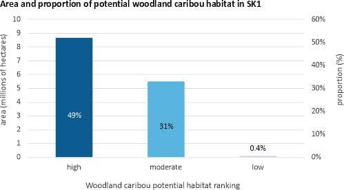 Area and proportion of potential woodland caribou habitat in SK1