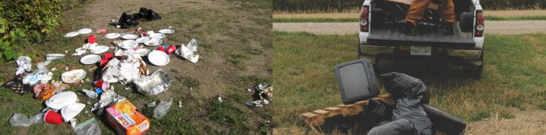 Two photos of illegal dumping examples - in ditch and thrown off a vehicle