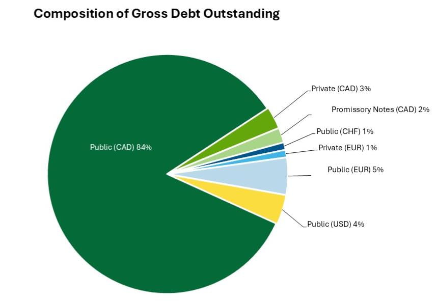 Borrowing Strategy Pie Chart with individually coloured sections. Gross Debt Outstanding as at November 15, 2024. Public (CAD) 84%, Private (CAD) 3%, Promissory Notes (CAD) 2%, Public (CHF) 1%, Private (EUR) 1%, Public (EUR) 5%, Public (USD) 4%.