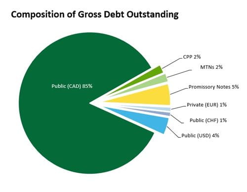 Borrowing Strategy Pie Chart with individually coloured sections. Gross Debt Outstanding as at March 20, 2024. Public 85%, CPP 2%, MTNs 2%, Promissory Notes 5%, Private (EUR) 1%, Public (CHF) 1%, Public (USD) 4%