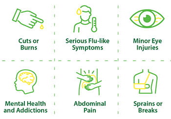 Icons for Cuts or Burns, Serious Flu-like Symptoms, Minor Eye Injuries, Mental Health and Addictions, Abdominal Pain, Sprains or Breaks