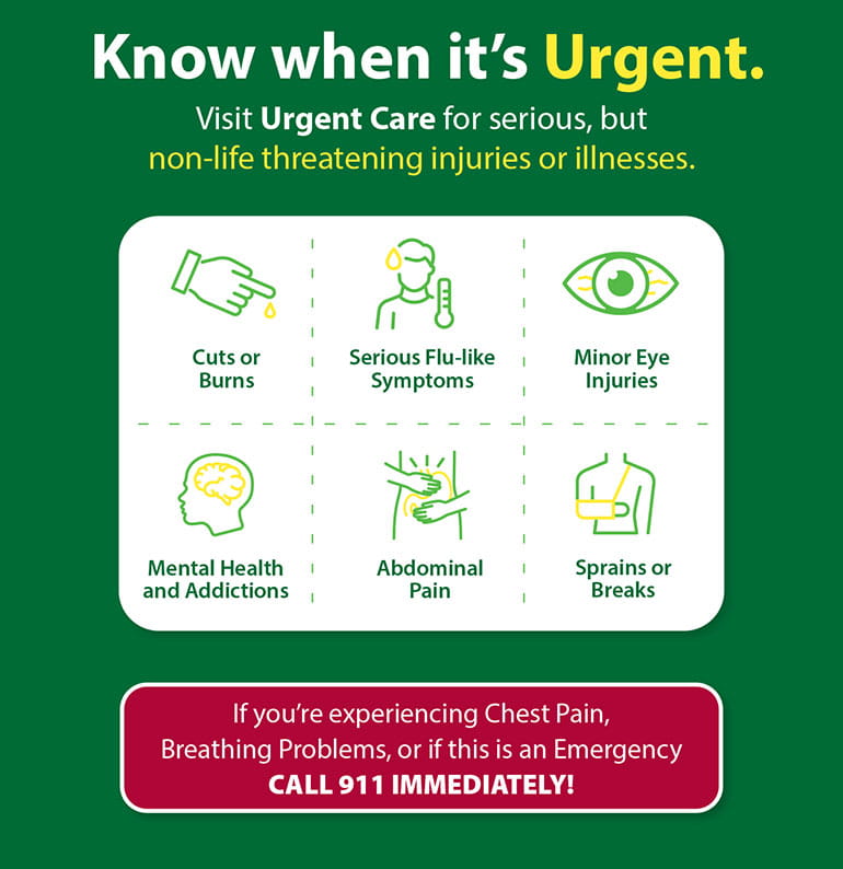 Know when it's urgent. Visit urgent Care for serious but non-life threatening injuries or illnesses.