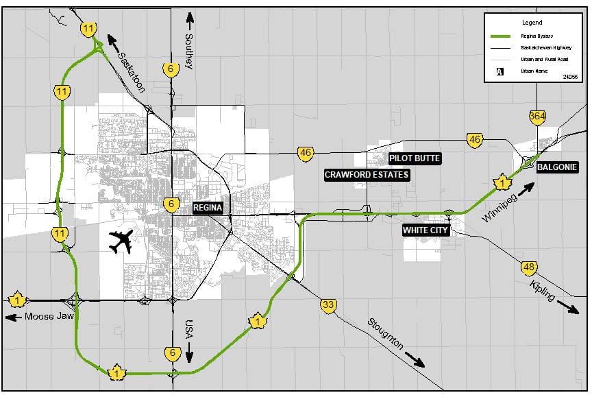 A map of the City of Regina with the route of the Bypass highlighted