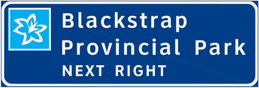 Blue Sign for Blackstrap Provincial Park indicating to take the next right