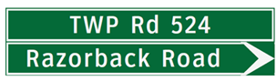 Green sign indicating directions to Razorback Road