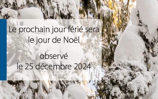 Le prochain jour férié sera  le jour de Noël  observé  le 25 décembre 2024 