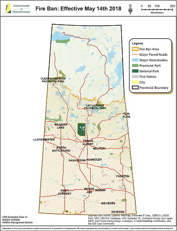 Sask Provincial Parks Map Fire Ban In Place for Crown Land, Most Provincial Parks South of 