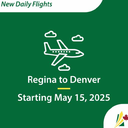 An icon of an airplane. The headline text reads "New Daily Flights", the text in the body of the graphic reads, "Regina to Denver."