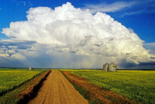 Rural prairie road with clouds in the background.