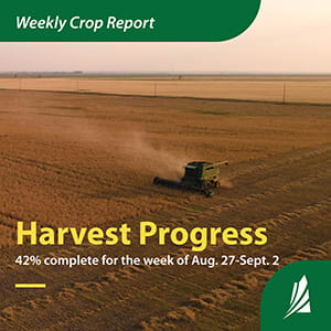 Crop infographic showing per cent harvested overtop of drone photo of farm equipment harvesting.