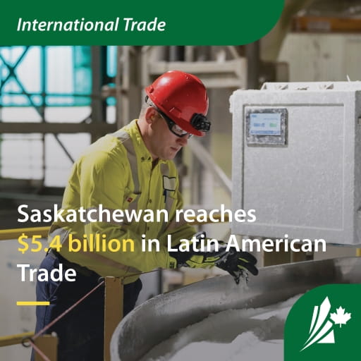 Photo of man in hardhat in industrial facility. Caption reads: International Trade. Saskatchewan reaches $5.4 billion in Latin American Trade