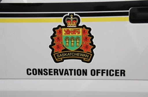 A close up picture of the Saskatchewan Conservation Officer shield, which appears on the side of their trucks. It features the Saskatchewan Coat of Arms surrounded by Western red lilies and topped with a Crown. 