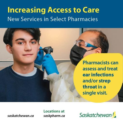 Increasing Access to Care; New Services in Select Pharmacies. Pharmacists can access and treat ear infections and/or strep throat in a single visit. Image of a pharmacist using an otoscope to examine a patient’s ear. 