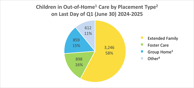 Pie chart showing number of children in care by placement type as of June 30, 2024
