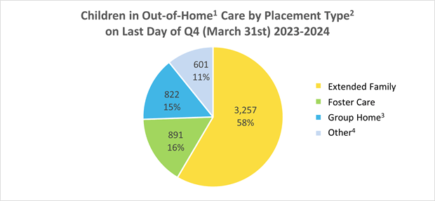 Pie chart showing number of children in care by placement type as of March 31, 2024